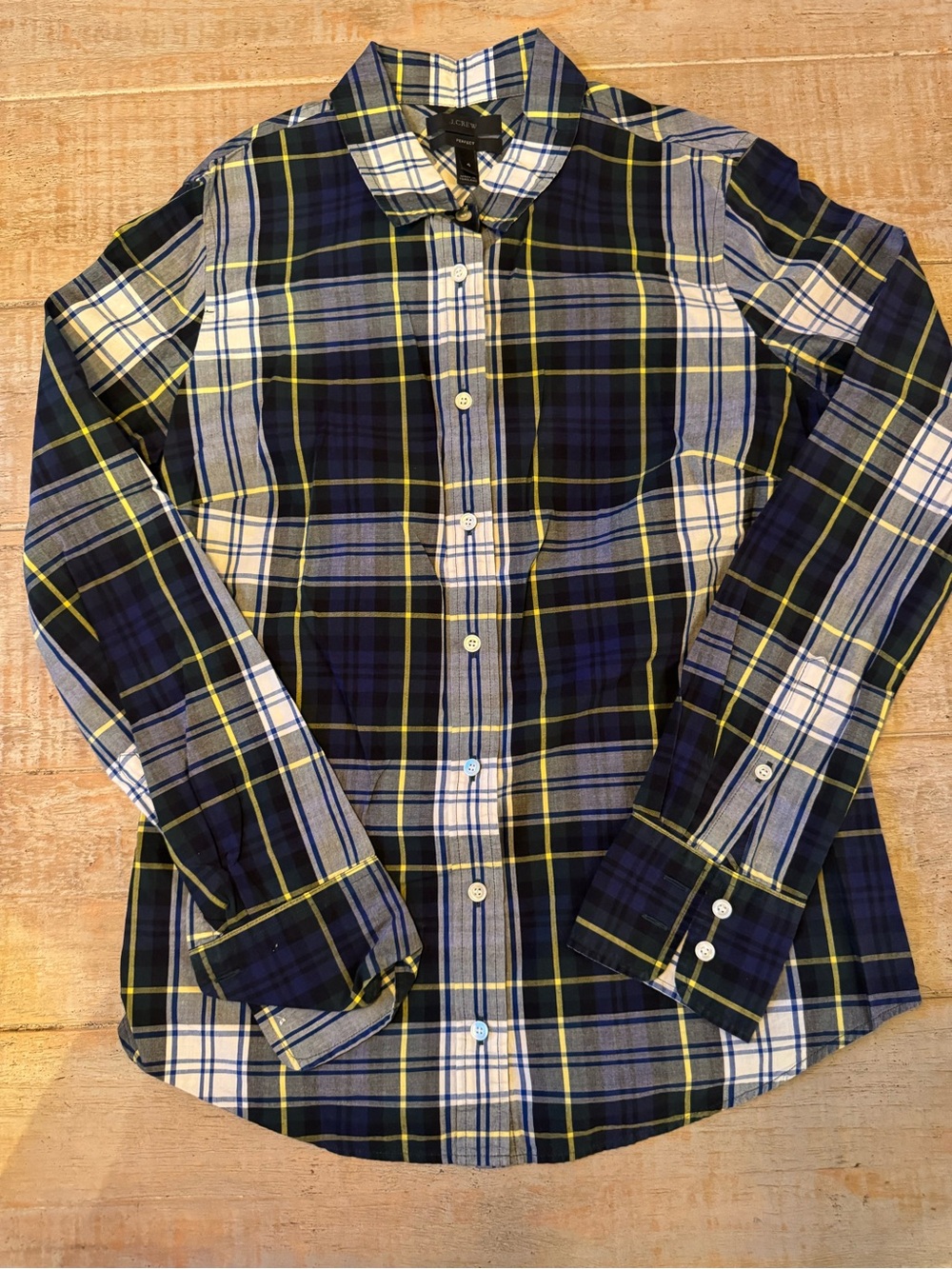 J. Crew Women’s tartan style Navy, White & Yellow Plaid Button-Down Shirt